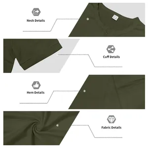 Detailed close-ups of olive green Henley T-shirt neck, cuff, hem and fabric texture