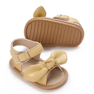 Gelbe Baby-Sandalen aus PU-Leder für Mädchen mit Schleife und weicher, rutschfester Sohle