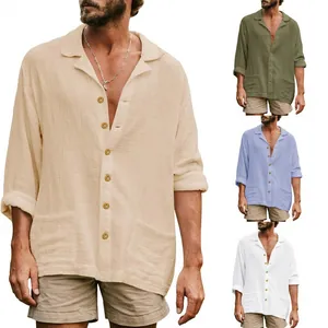 Chemise Décontractée à Manches Longues pour Hommes Mélange de Coton Coupe Large Avec Poches Col Cubain Printemps Été Haut