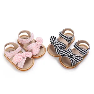Newborn Baby Girl First Walkers Princess Shoes Gingham Plaid Bow Anti-slip Soft Sole Crib Shoes Toddler Prewalker Sandals