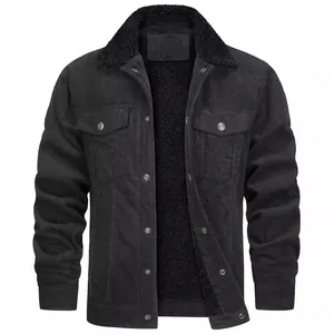 Chaqueta clásica de pana negra para hombre con forro polar cálido y cuello de solapa
