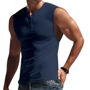 Detailansicht des schmal geschnittenen ärmellosen Henley-T-Shirts für Herren in Navy