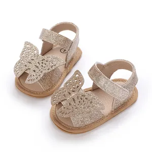 Detailed view of gold glitter butterfly walking sandals for baby girls aged 0-1 year old