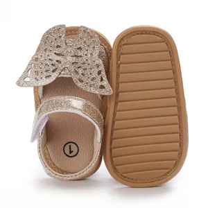 Sparkly butterfly detail on breathable baby sandals with non-slip textured rubber sole