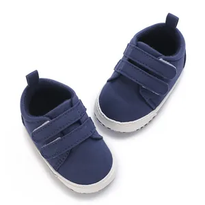 Comfortable navy blue canvas baby first walker shoes with double velcro strap design