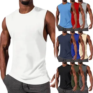 Men's Muscle Fit Sleeveless T-Shirt Casual Sports Tank Top Round Neck Solid Color Polyester Fitness Vest Top For Gym Training