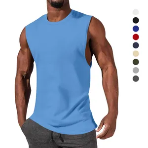 Athletic sleeveless tank top for men in light blue with wide armholes for gym workout