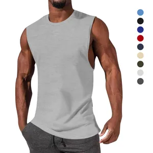 Close-up of a men's sleeveless athletic muscle t-shirt in gray showing fit and color options