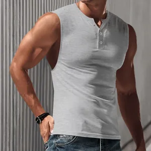Detailed close-up view of grey slim fit sleeveless Henley t-shirt for men in summer