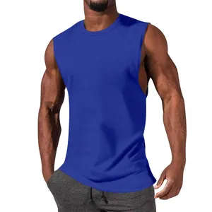 Close-up detail of a blue athletic sleeveless muscle tee worn by a fit male model