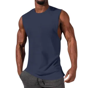 Close-up view of a navy blue sleeveless muscle tank top for men with athletic fit.