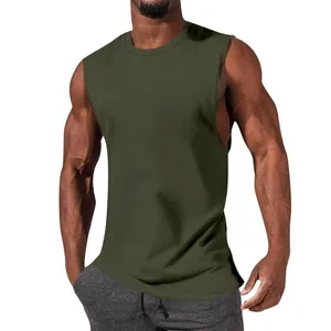 Close-up of a men's olive green sleeveless muscle tank top for sports and fitness