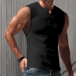 Detail view of men's black Henley sleeveless tank top with athletic slim fit design
