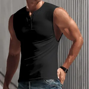 Macro detail view of men's black sleeveless Henley neck sports tank top with slim fit