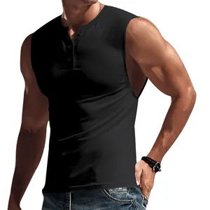 Detail of a black slim-fit Henley sleeveless t-shirt for men showing button design
