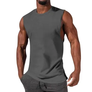 Detail view of a dark grey sleeveless muscle tank top highlighting fitness fit for men