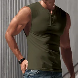 Detailed view of a slim fit olive green sleeveless Henley tank top for men summer sports