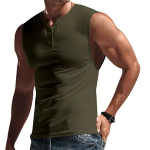 Close-up of olive green slim fit Henley sleeveless tank top with three buttons for sports