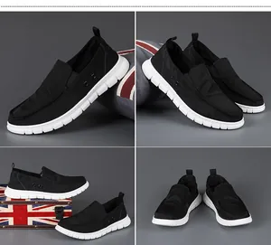 Detailed views of black slip-on canvas shoes with comfortable white soles