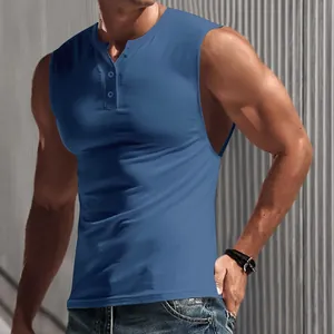 Detailed view of slim-fit blue Henley sleeveless t-shirt showing buttoned neckline and fabric
