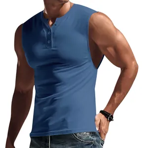 Slim fit men's sleeveless Henley shirt tank top in solid blue for summer sports