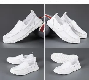 Detail view of white breathable canvas slip-on loafers for men from multiple angles