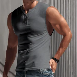 Detail of a dark grey slim fit sleeveless Henley tank top with button-up collar.