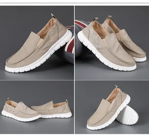 Multi-angle view of men's beige breathable slip-on loafers with soft white soles.