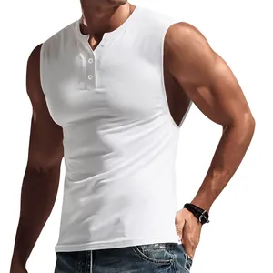 Detail view of men's white slim fit sleeveless Henley t-shirt with button collar