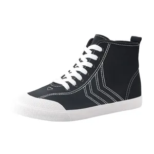 Sneakers classiche alte in tela nera da donna con cuciture bianche a contrasto