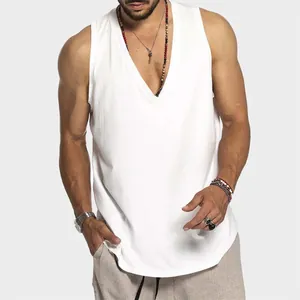 Close-up view of men's white V-neck cotton tank top with a breathable relaxed fit