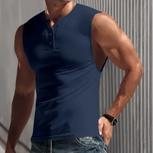 Side view detail of a navy blue slim fit sleeveless Henley muscle tank shirt for men
