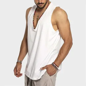 Detailed close-up of men's loose white cotton tank top featuring a deep V-neck design