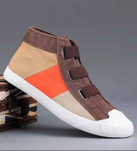 Stylish color-block high-top canvas sneakers with triple hook-and-loop straps for men
