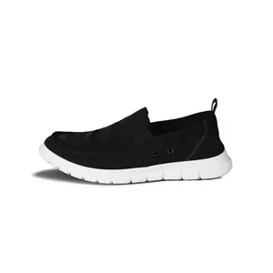 Men's breathable black slip-on canvas loafers with comfortable white soft sole