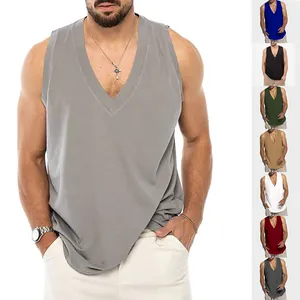 Detail view of a loose fit v-neck cotton tank top for men in multiple solid colors
