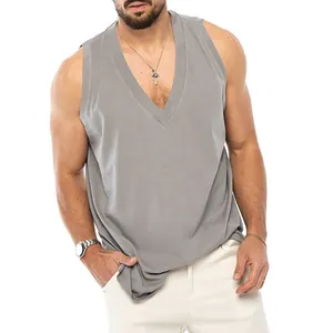 Detail view of a men's grey deep V-neck cotton sleeveless tank top with loose fit.