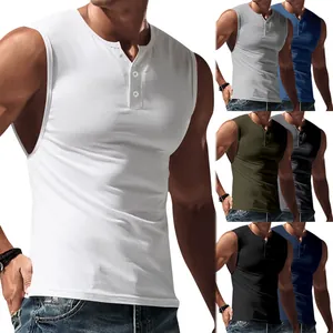 Slim fit men's sleeveless Henley tank top in solid colors for summer athletic wear