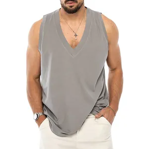 Premium loose grey cotton V-neck tank top for men, stylish sleeveless casual summer vest