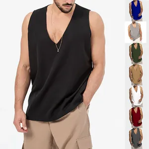Sleeveless men's summer cotton tank top with a deep V-neck in multiple solid colors