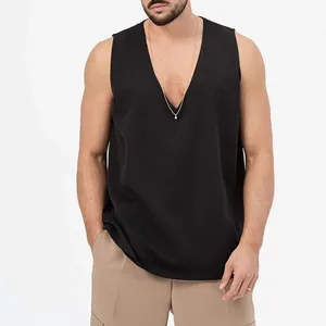 Casual black men's cotton tank top with a deep V-neck and loose fit sleeveless design