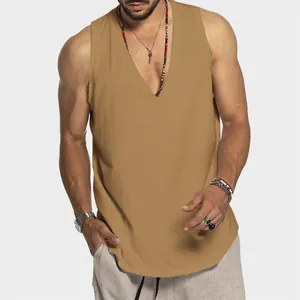 Men's loose breathable cotton tank top with deep V-neck design for stylish summer leisure.