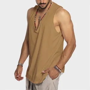 Men's casual loose cotton tank top in mustard yellow with deep V-neck design