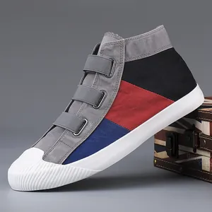 Casual color-block high-top canvas shoes for men with velcro straps and a soft rubber sole