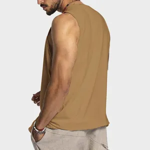 Detailed side profile of a men's khaki cotton sleeveless tank top with loose fit design