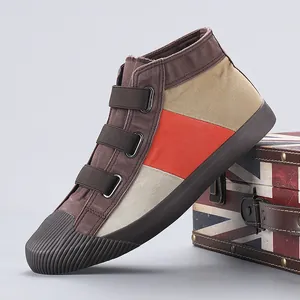 Stylish canvas patchwork high-top men's shoes with Velcro straps and rubber soles