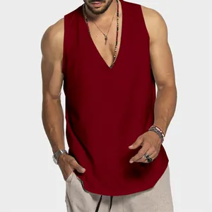 Men's loose dark red V-neck cotton tank top vest for summer casual sports wear detail