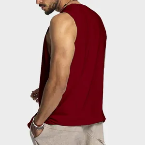Side view detail of a men's burgundy sleeveless cotton tank top for summer casual sports.