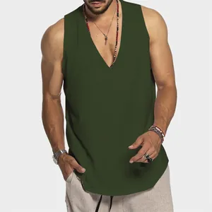 Detail view of a men's olive green V-neck sleeveless cotton tank top