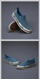 Detail view of men's blue breathable canvas slip-on loafers with rubber sole